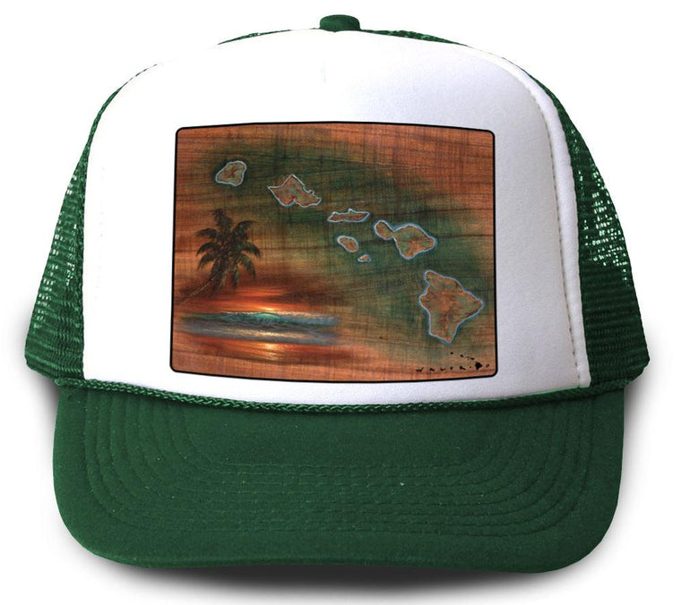 Hawaiian Islands Koa Map Green Mesh Trucker Hat by Walfrido