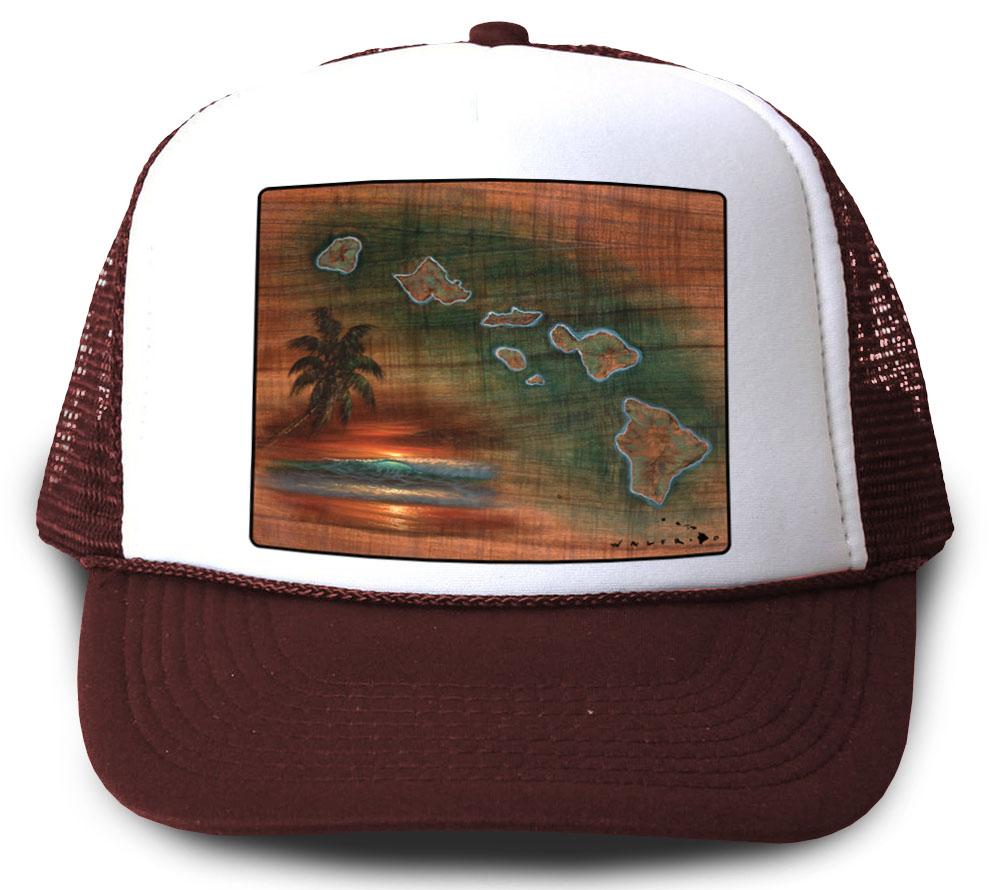 Hawaiian Islands Koa Map Maroon Mesh Trucker Hat by Walfrido