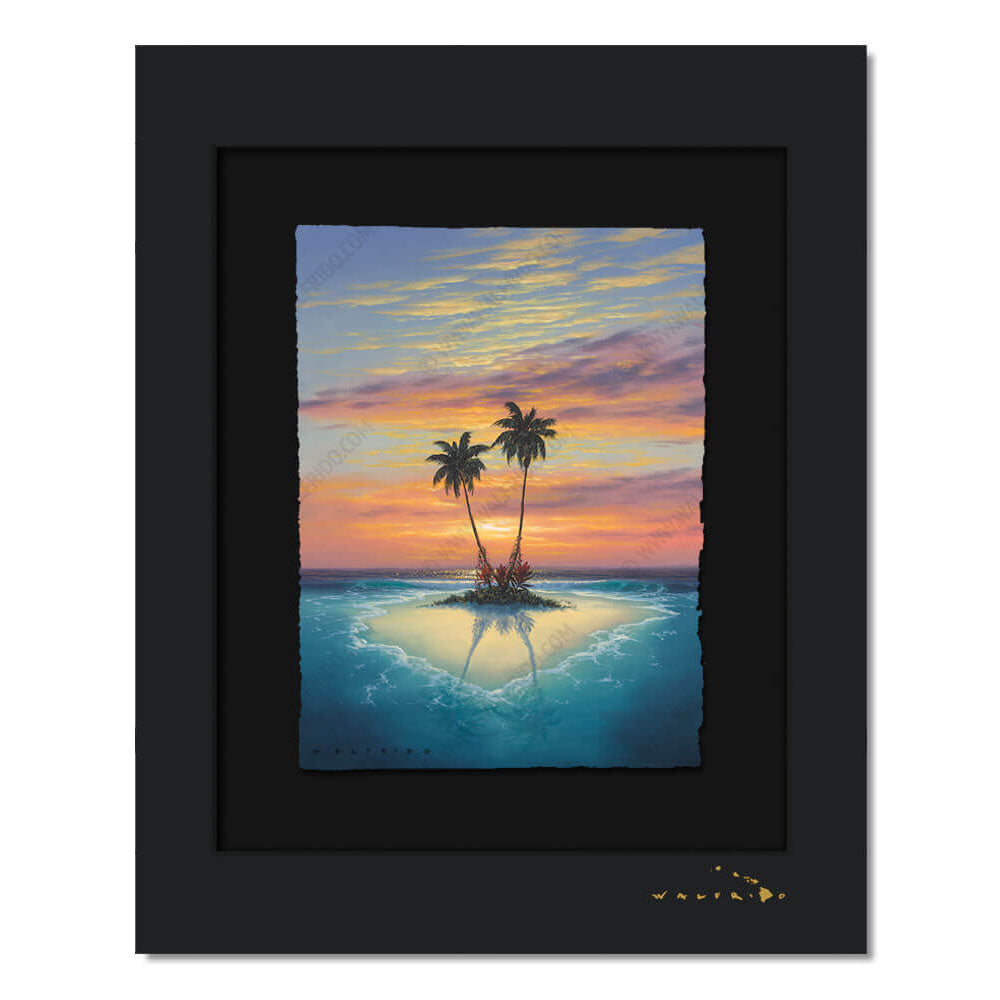 Limited Edition artwork on watercolor paper by Tropical Hawaii Artist Walfrido featuring a small sandy island with two palm trees in the middle of crystal blue waters at sunset.