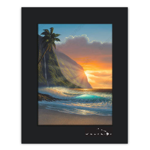 Open Edition Matted artwork by Tropical Hawaii Artist Walfrido featuring a beach view with the sun peaking out from behind the cliffs.