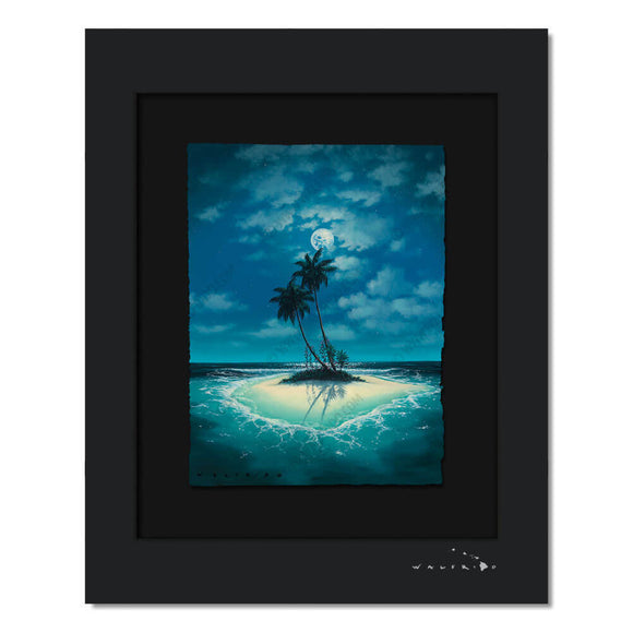 Limited Edition artwork on watercolor paper by Tropical Hawaii Artist Walfrido featuring a small sandy island with two palm trees in the middle of crystal blue waters at night.