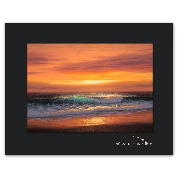 Open Edition Matted artwork by Tropical Hawaii Artist Walfrido featuring a sunset view of a wave barreling towards the sandy shores.