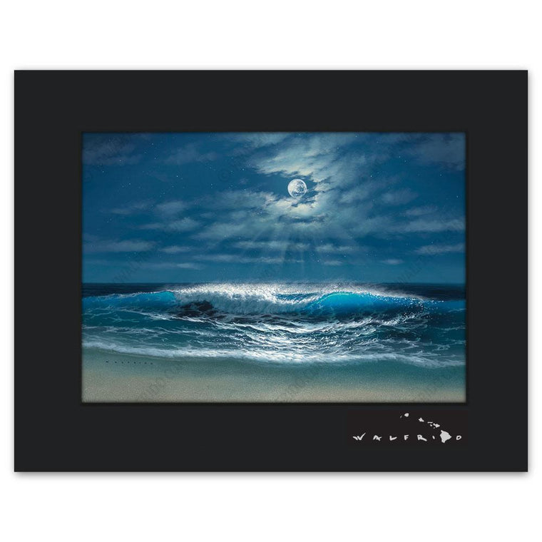 Open Edition Matted artwork by Tropical Hawaii Artist Walfrido featuring a night view of a wave barreling towards the sandy shores with the full moon shining above.