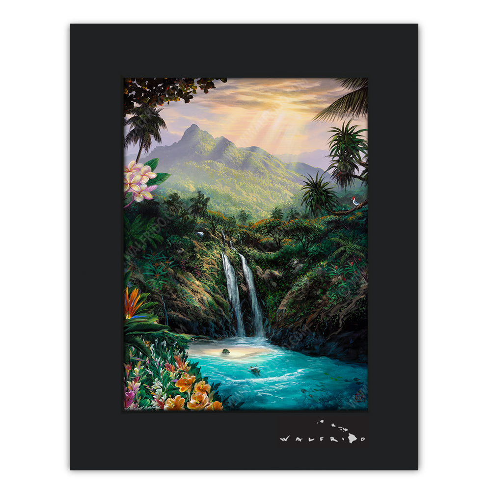 Living Aloha - Open Edition Matted artwork ohana collaboration by Tropical Hawaii Artists Walfrido, Edgardo F. Garcia, and Edgardo Garcia II. It features a stunning view of an island waterfall with turtles swimming below.