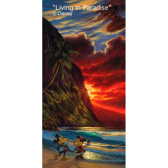 Living in Paradise by Hawaii Artist Walfrido featuring the famous Disney couple, Mickey and Minnie Mouse taking a sunset stroll down the tropical beaches of Hawaii.