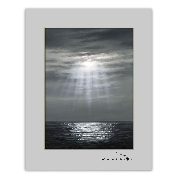 Open Edition Matted artwork by Tropical Hawaii Artist Walfrido featuring a beautiful view of the suns rays peeking through the clouds and onto the calm waters of the ocean.