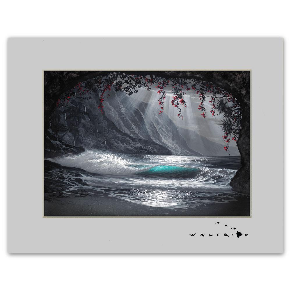 Open Edition Matted artwork by Tropical Hawaii Artist Walfrido featuring a wave as seen from a cove on a beach in Hawaii.