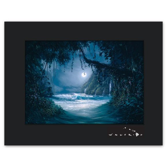 Open Edition Matted artwork by Tropical Hawaii Artist Walfrido featuring a night view from a path leading down to the beach and ocean.