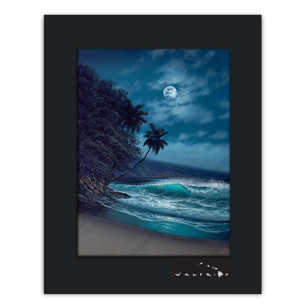 Open Edition Matted artwork by Tropical Hawaii Artist Walfrido featuring a night view of ocean waves and sandy beaches.