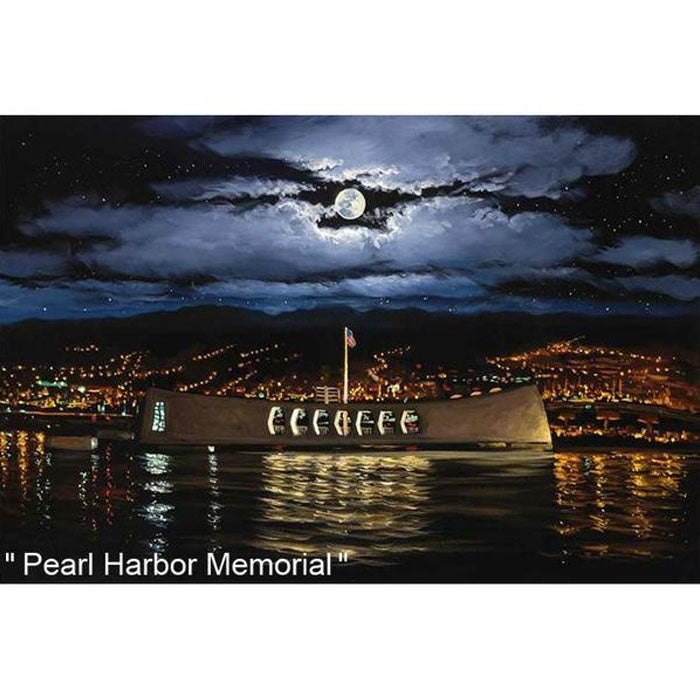 Pearl Harbor Memorial by Hawaii Artist Walfrido featuring a the Arizona Memorial at Pearl Harbor Memorial as seen at night on the Hawaiian island of Oahu.