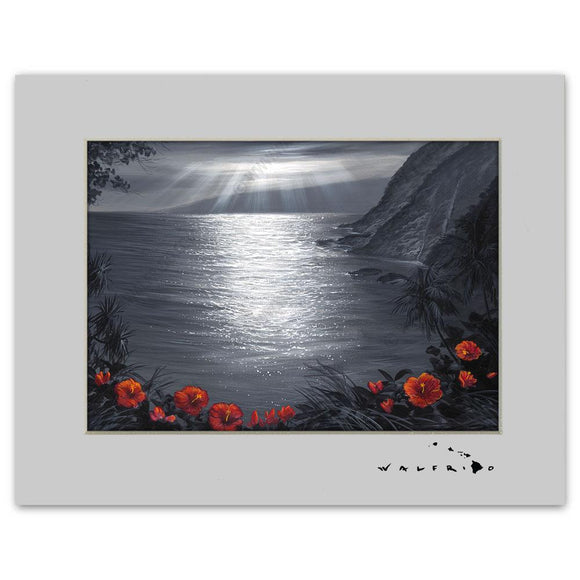 Open Edition Matted artwork by Tropical Hawaii Artist Walfrido featuring a serene view of the ocean framed by beautiful flowers.