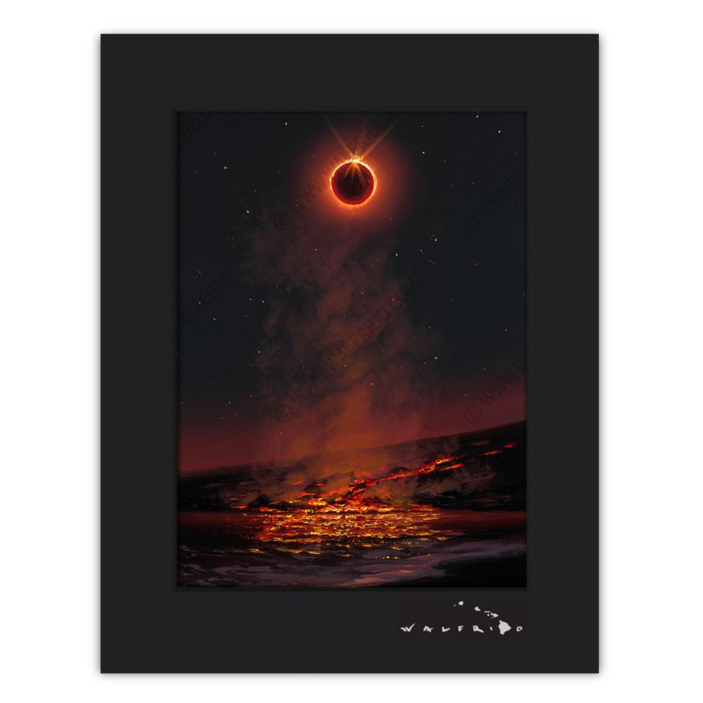 Open Edition Matted artwork by Tropical Hawaii Artist Walfrido featuring a lunar eclipse and lava from a volcano flowing into the sea, causing steam to rise up into the night air.