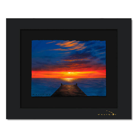 Limited Edition artwork on watercolor paper by Tropical Hawaii Artist Walfrido featuring a view down a dock towards the ocean as the last light of the sun disappears over the horizon.