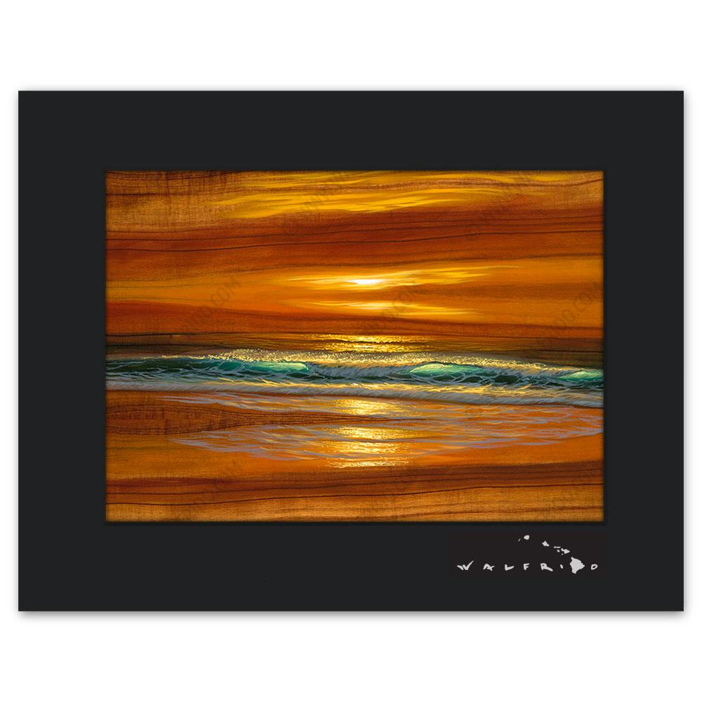 Open Edition Matted artwork by Tropical Hawaii Artist Walfrido featuring waves crashing towards the shore at sunset on Koa wood grain.