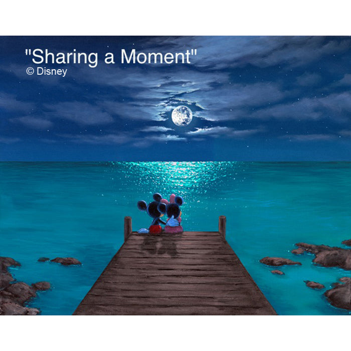 Sharing a Moment by Hawaii Artist Walfrido featuring the famous Disney couple, Mickey and Minnie Mouse watching the moon rise over the ocean together on their romantic vacation in Hawaii.