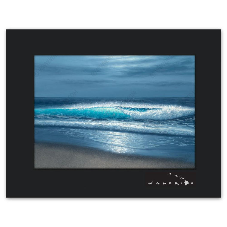 Open Edition Matted artwork by Tropical Hawaii Artist Walfrido featuring a crystalline blue wave crashing towards a sandy island beach.