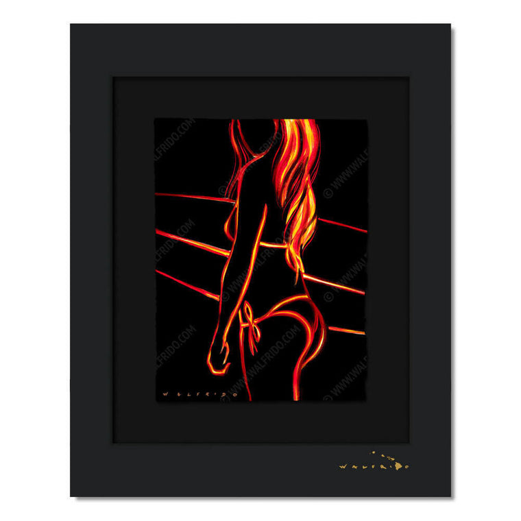 Limited Edition artwork on watercolor paper by Tropical Hawaii Artist Walfrido featuring a silhouette of a woman out for a day of surfing. This piece encompasses a unique style of line work and fiery colors that invoke the lively spirit of the Hawaiian Islands.