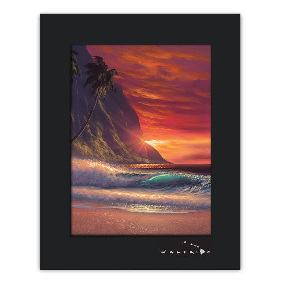 State of Love - Open Edition Matted artwork by Tropical Hawaii Artist Walfrido featuring a romantic sunset view of the ocean as seen from a tropical beach. This title is part of Walfrido's State of Mind series of paintings.