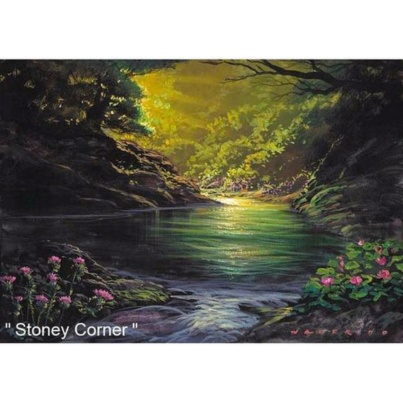 Stoney Corner by Hawaii Artist Walfrido featuring a beautiful spot in a forest near a relaxing river.