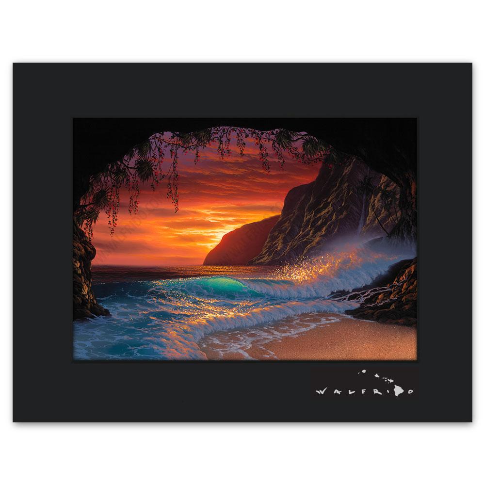 Open Edition Matted artwork by Tropical Hawaii Artist Walfrido featuring a view of the ocean as seen from a cave on a sandy beach at sunset.