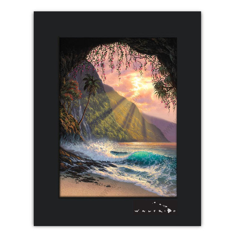 Open Edition Matted artwork by Tropical Hawaii Artist Walfrido featuring a crashing wave as seen from a cave on a sandy Hawaiian beach at sunset.