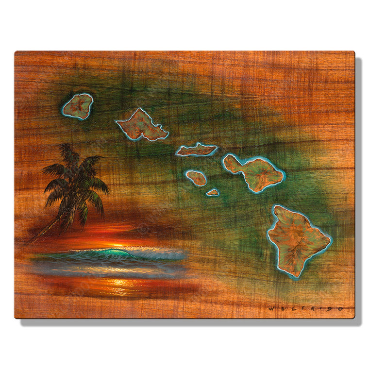 Hawaiian Islands Koa Map, Open Edition Metal Print by Tropical Hawaii Artist Walfrido