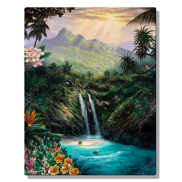 Living Aloha, Open Edition Metal Print ohana collaboration by Tropical Hawaii Artists Walfrido, Edgardo F. Garcia, and Edgardo Garcia II. It features a stunning view of an island waterfall with turtles swimming below.