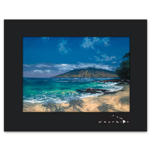 Wailea Blue - Open Edition Matted artwork by Tropical Hawaii Artist Walfrido featuring a classic view of the tropical landscape of the island of Maui with the shadows from palm trees covering the sandy beach.