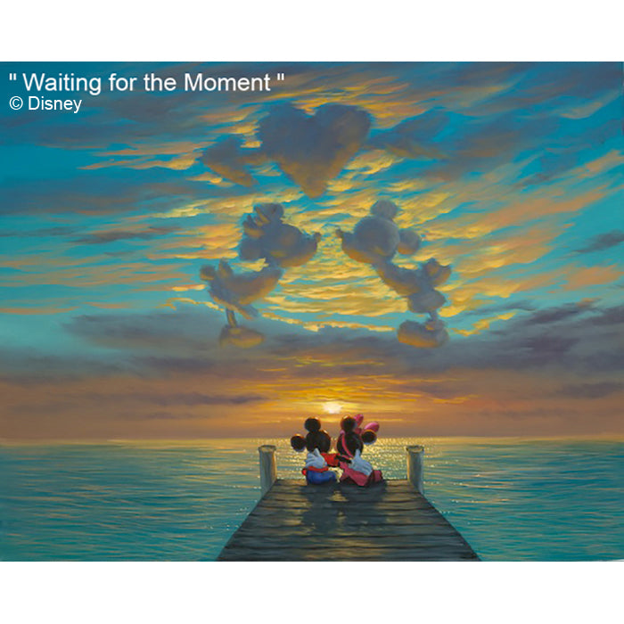 Waiting for the Moment by Hawaii Artist Walfrido featuring the famous Disney couple, Mickey and Minnie Mouse watching the sun set behind the ocean horizon on their romantic vacation in Hawaii.
