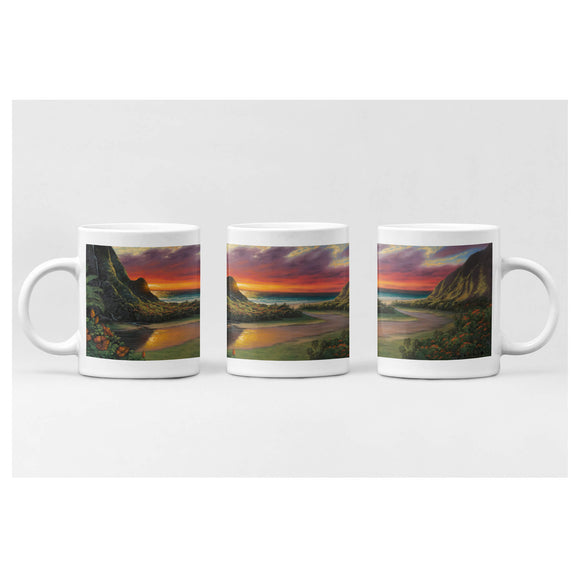 Ceramic mug featuring a beautiful tropical landscape with the ocean sparkling in the distance by Hawaii artist Walfrido Garcia