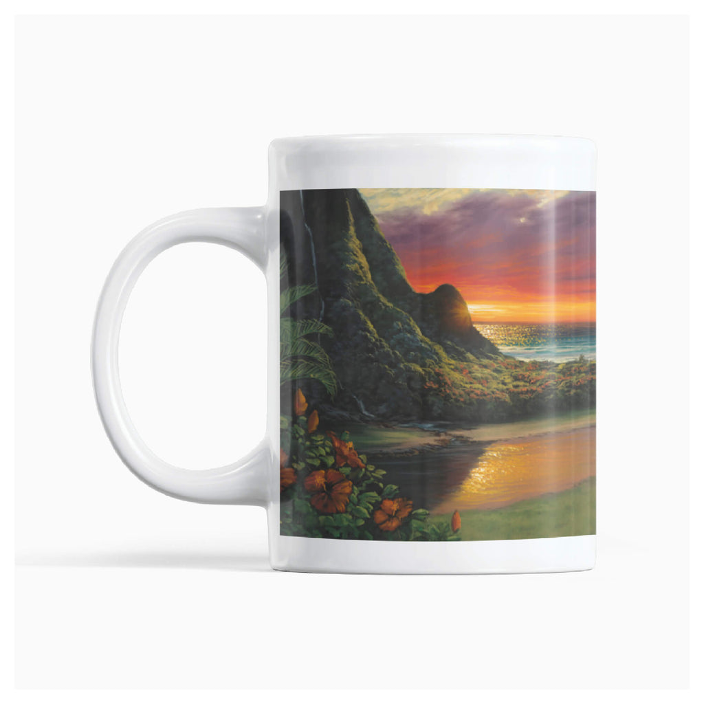 Ceramic mug featuring a beautiful tropical landscape with the ocean sparkling in the distance by Hawaii artist Walfrido Garcia