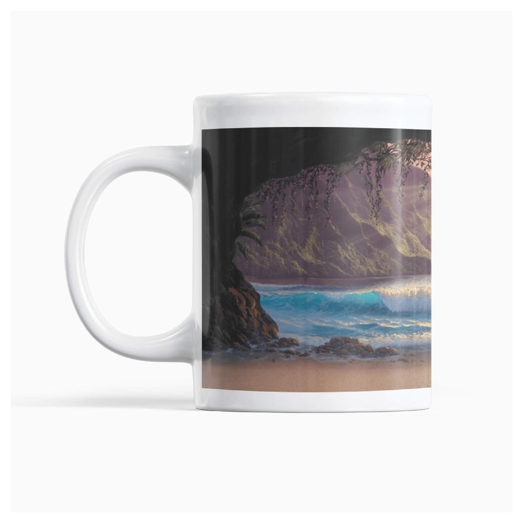 Ceramic mug featuring a wave as seen from a cove on a sandy Hawaiian beach by Hawaii artist Walfrido Garcia