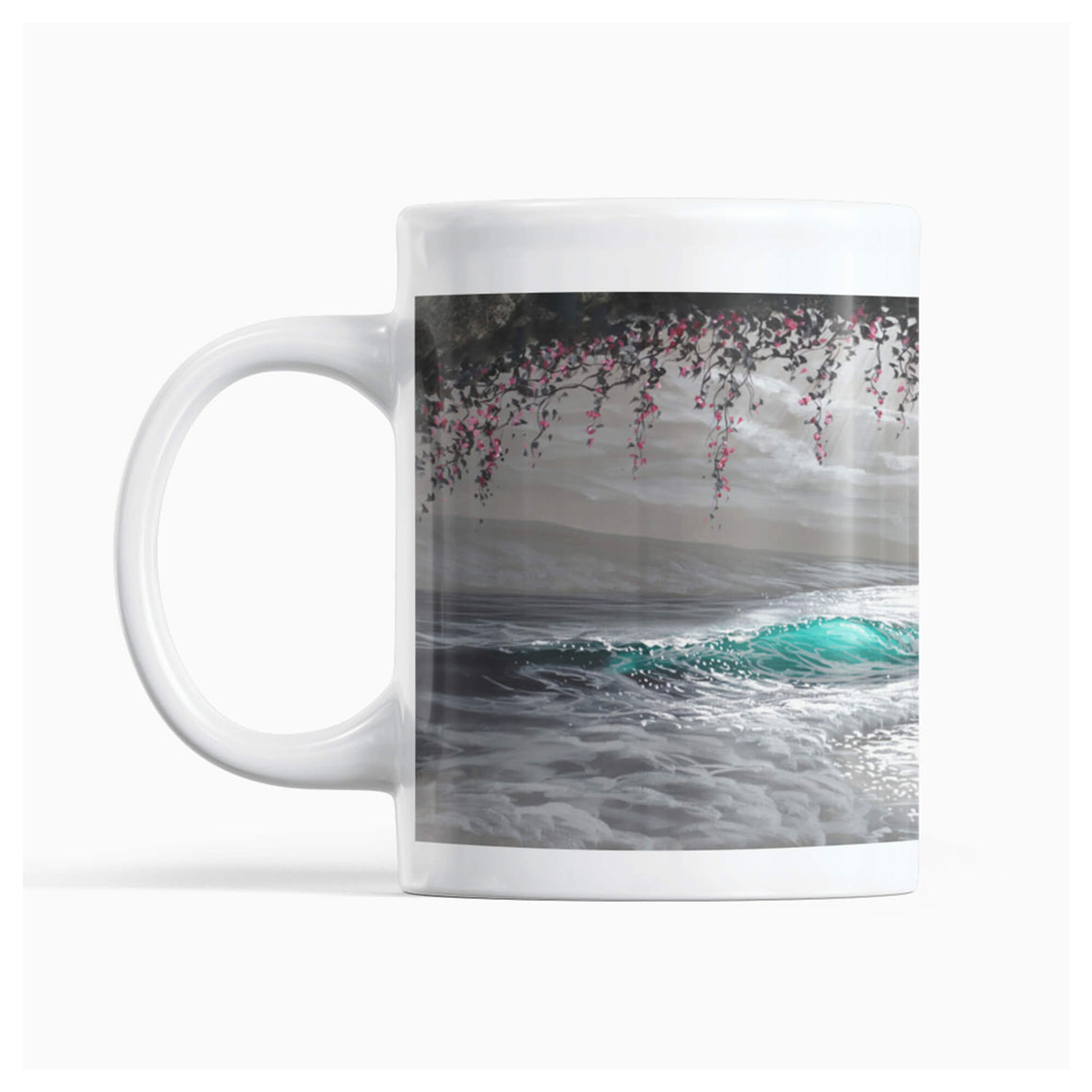 Ceramic mug featuring a wave seen in a cove with a unique color scheme that is primarily black and white by Hawaii artist Walfrido Garcia