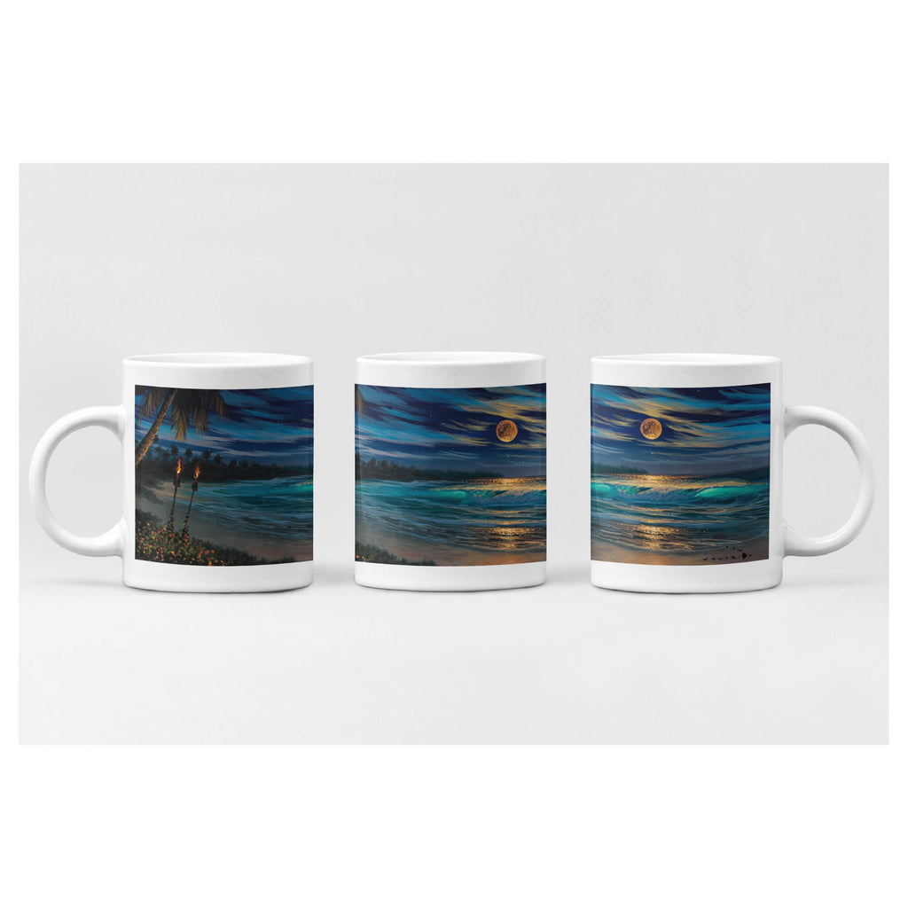 Ceramic mug featuring a romantic night view of the ocean with a full moon, star-filled sky, and tiki torches by Hawaii artist Walfrido Garcia