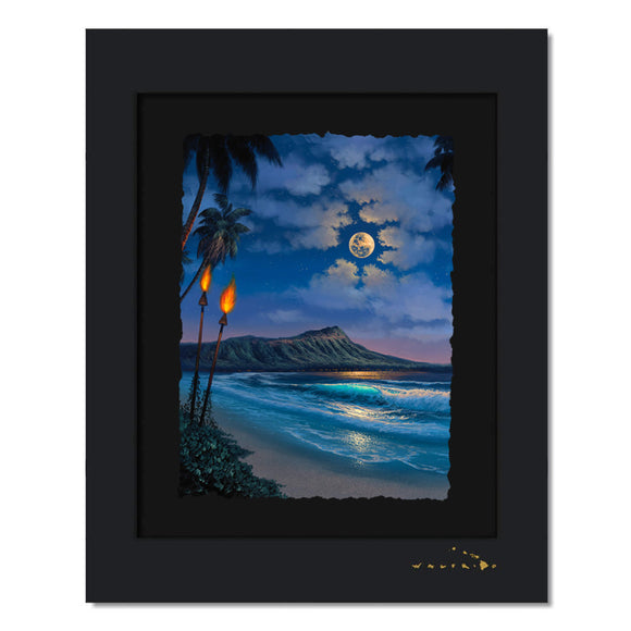 A watercolor paper print of a classic view of Diamond Head Crater on the island of Oahu by Hawaii artist Walfrido Garcia