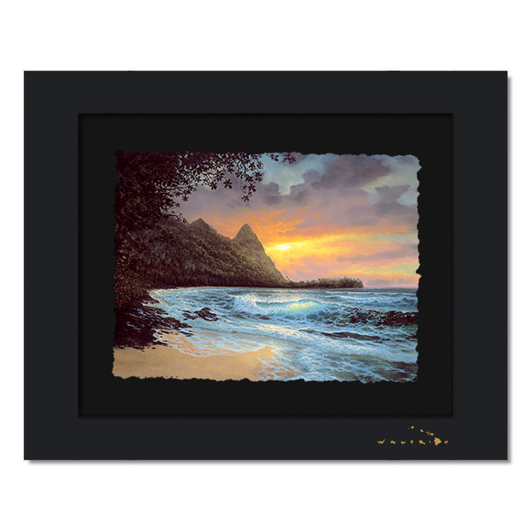 A watercolor paper print of a classic tropical landscape view with the sun setting by Hawaii artist Walfrido Garcia