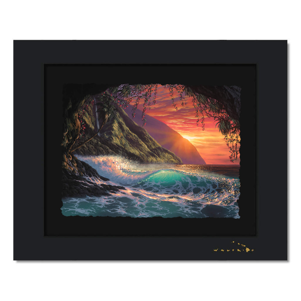 A watercolor paper print of a beautiful ocean view and crystal waves framed by a cave painted by Hawaii artist Walfrido Garcia