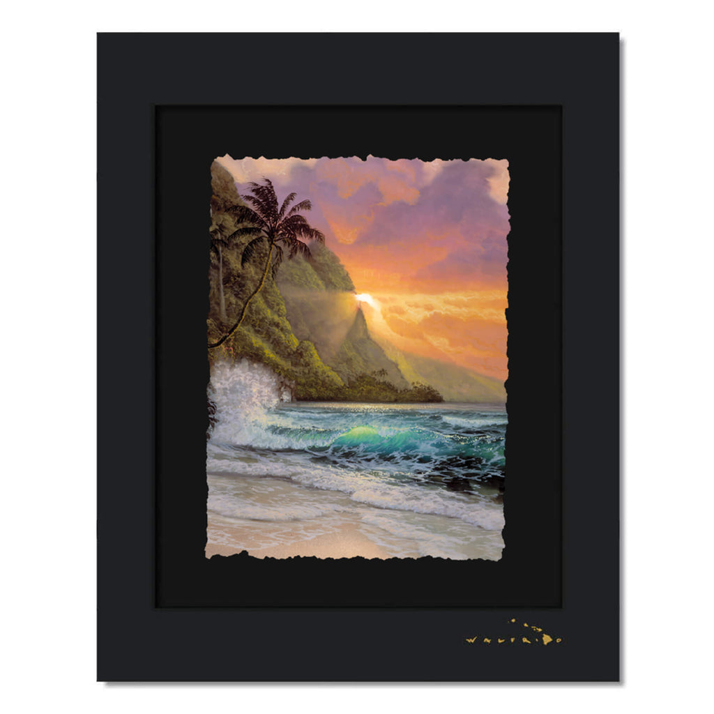 A watercolor paper print of a sunset view of the ocean as seen from the tropical beaches of Hawaii by Hawaii artist Walfrido Garcia