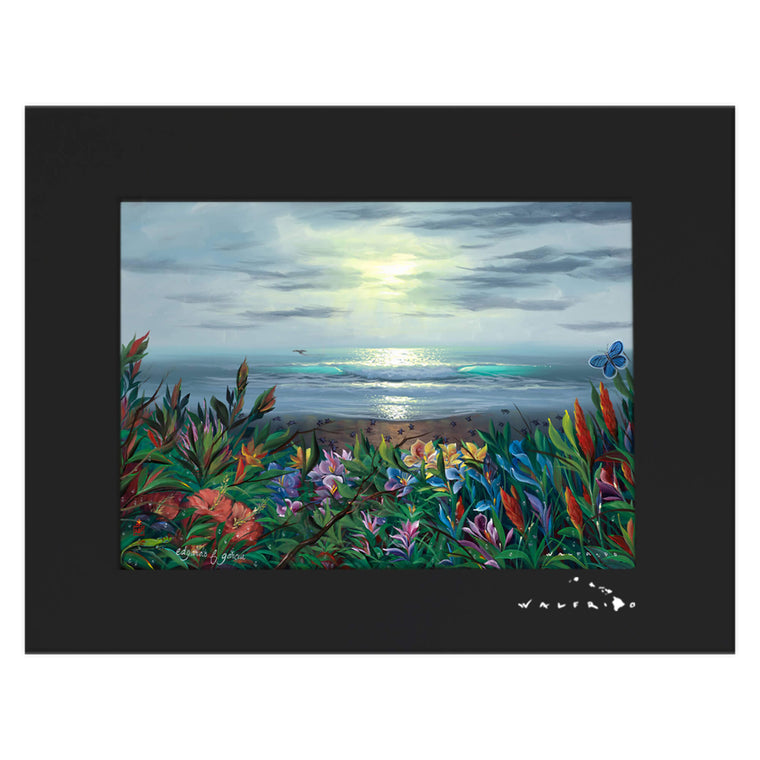 A matted art print featuring some colorful tropical flowers framing a serene beach by Hawaii artist Walfrido Garcia