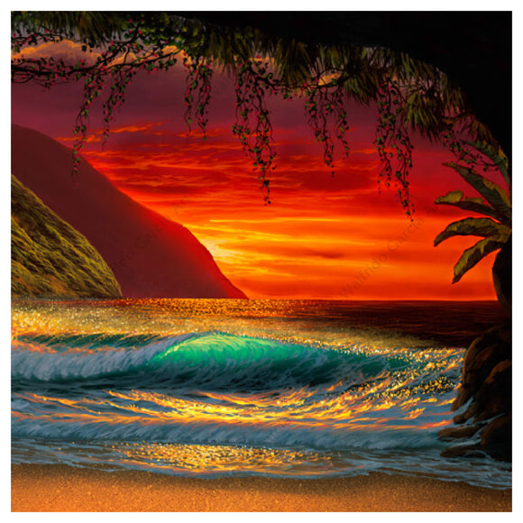 A matted art print of the ocean and tropical Hawaiian landscape at sunset as seen from a cave on the beach by Hawaii artist Walfrido Garcia