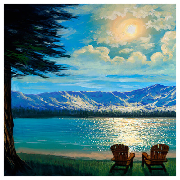 A matted art print of a serene vacation view on the shores of Lake Tahoe by Hawaii artist Walfrido Garcia