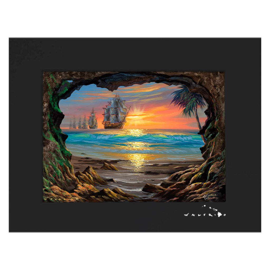 A matted art print featuring a cave framing some vintage ships coming to the coast of Hawaii by Hawaii artist Walfrido Garcia