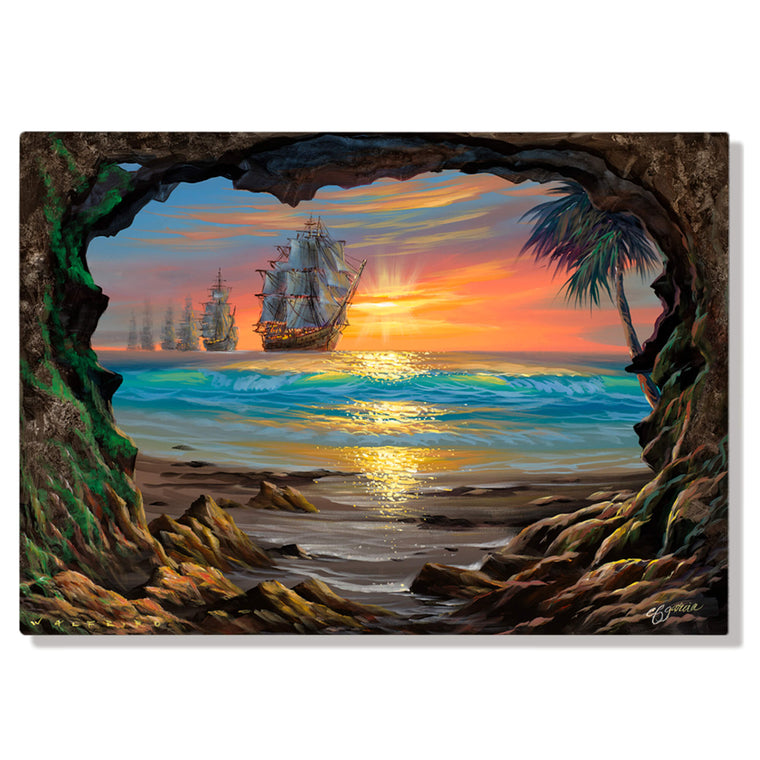 A metal art print featuring a cave framing some vintage ships coming to the coast of Hawaii by Hawaii artist Walfrido Garcia