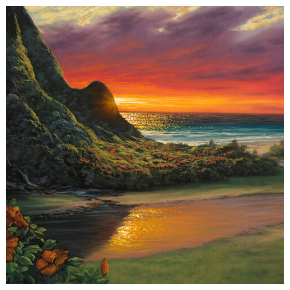 A matted art print of a beautiful tropical landscape with the ocean sparkling in the distance by Hawaii artist Walfrido Garcia