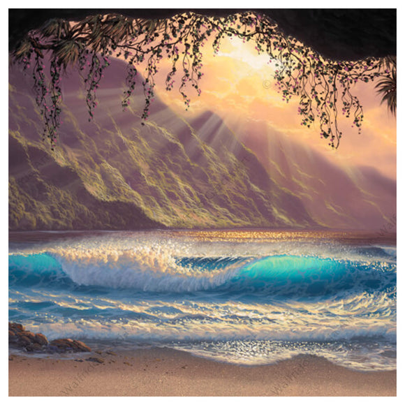 A matted art print of a wave as seen from a cove on a sandy Hawaiian beach by Hawaii artist Walfrido Garcia
