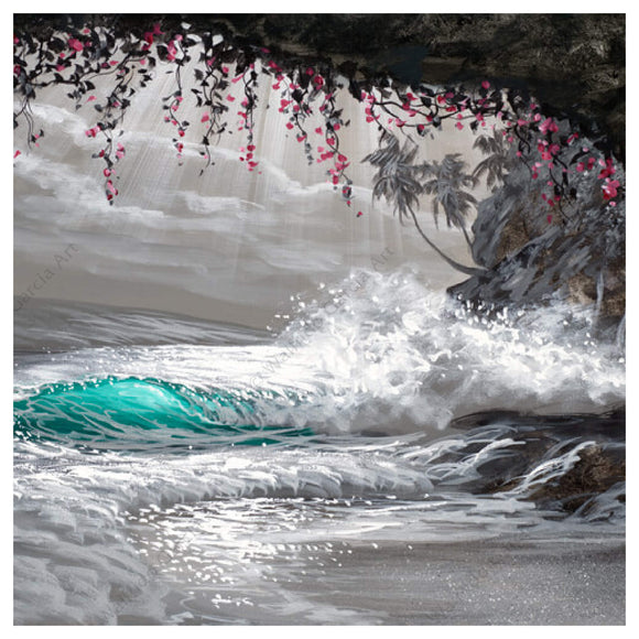 A matted art print of a black and white, with a touch of pink and teal, wave as seen from a cove by Hawaii artist Walfrido Garcia