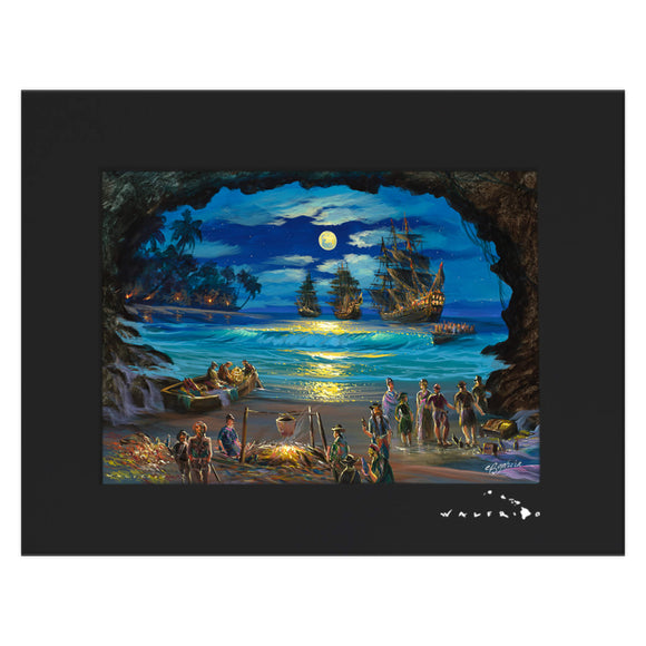 A matted art print featuring a cave framing some merchants and vintage ships coming to the shore of Hawaii by Hawaii surf artist Walfrido Garcia