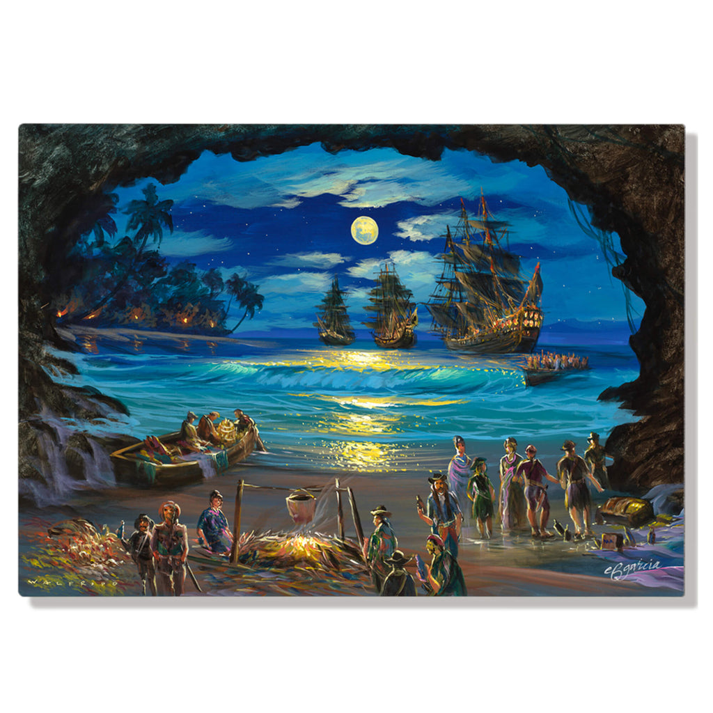 Metal art print featuring a cave framing some merchants and vintage ships coming to the shore of Hawaii by Hawaii surf artist Walfrido Garcia