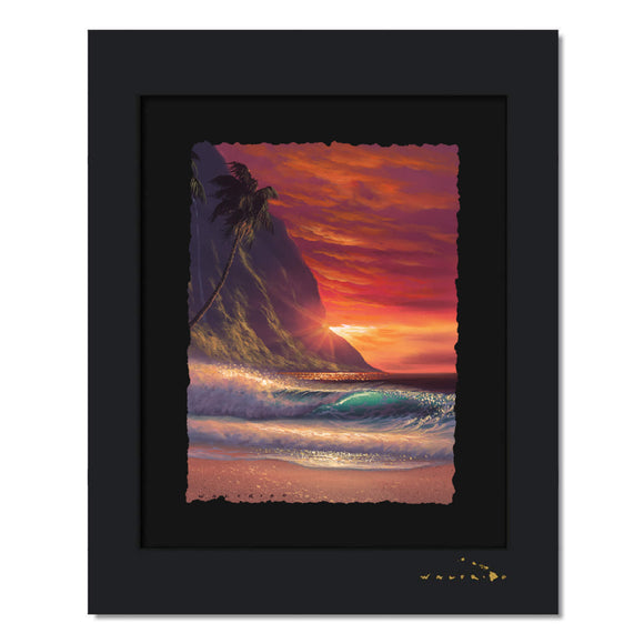 A watercolor paper print of romantic sunset view of the ocean as seen from a tropical beach by Hawaii artist Walfrido Garcia