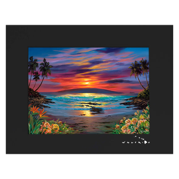 A matted art print featuring colorful tropical flowers framing a breath-taking Hawaii sunset by Hawaii artist Walfrido Garcia